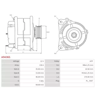 Alternateur 12V 130A Delco A9436S UD101897A