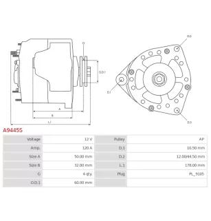 Alternateur 12V 120Amp AS-PL UD101949A, DELCO DRA0746, ISKRA / LETRIKA 11.203.722, AAK1833, IA1374, MAHLE 72735440, MG441