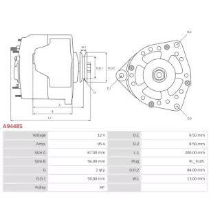 Alternateur 12V 95Amp AS-PL UD91100A, ISKRA / LETRIKA 11.203.551, AAK5708, IA1354, MAHLE 72735348, MG349, RENAULT 0011035380