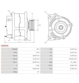 Alternateur 24V 45Amp AS-PL UD102075A, HINO LS19113, HITACHI LR23576, LR24029B, LR24032, LR240602, NISSAN 23100-25769