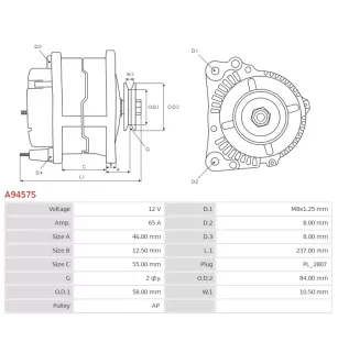 Alternateur 12V 65Amp AS-PL UD30131A, HELLA 8EL012428-331, HYUNDAI / KIA 37300-42502, 37300-42620, 37300-42621, 37300-42624