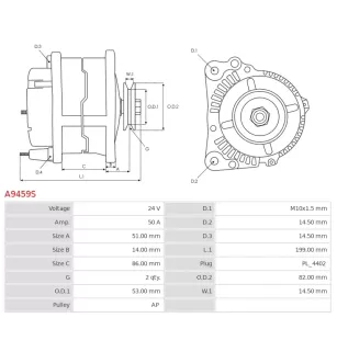 Alternateur 24V 50Amp AS-PL UD21586A, HINO 27040-2191, 27040-2192, SAWAFUJI 0201-152-1013, 0201-152-1014, 27040-2192A