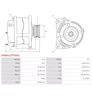 Alternateur 24V 65Amp AS-PL UD810788(LETRIKA)A, ISKRA / LETRIKA 11.203.713, AAK4811, IA1376, IVECO 0000504271462, 504271462