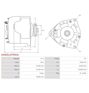 Alternateur 12V 90Amp AS-PL UD816622(LETRIKA)A, ISKRA / LETRIKA 11.204.429, AAK4840, IA1646, MAHLE 72740639, MG703