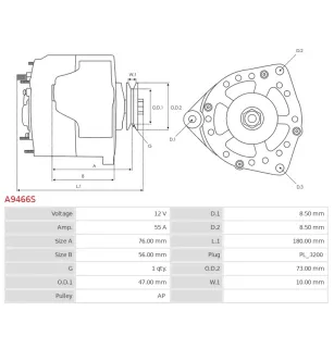 Alternateur 12V 55Amp AS-PL UD91184A, BOSCH 0120489260, 0120489261, 0120489559, 0120489560, 0986031110, CARGO 110360