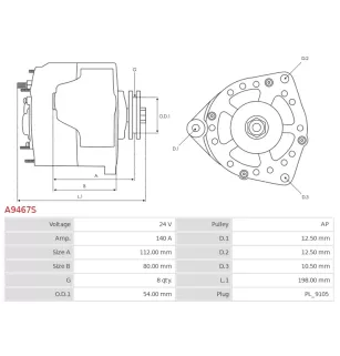 Alternateur 24V 140Amp AS-PL UD102149A, ISKRA / LETRIKA 11.204.496, AAN3176, IA1558, MAHLE 72735621, MG622, CASCO CAL21624GS