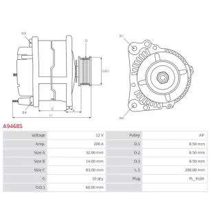 Alternateur 12V 200Amp AS-PL UD102148A, CLAAS 21540791, 21656220, ISKRA / LETRIKA 11.204.194, AAN5353, IA1579, MAHLE 72423721