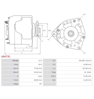 Alternateur 12V 65Amp AS-PL UD30177A, VALEO 600089, VOLVO 3854182-7, 38541827, 3856600-6, 38566006, 3857561, 3857561-9