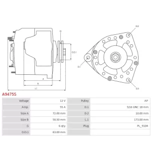 Alternateur 12V 55Amp AS-PL UD30174A, MANDO AC155614, AC155616, AR150AA, AR150AR, VALEO TA000V23301, TA000V25201