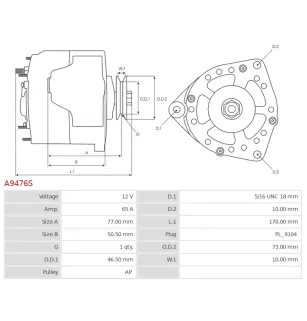 Alternateur 12V 65Amp AS-PL UD30175A, MANDO AC165610, VALEO 600087, VOLVO 3856600, 3EFFE ALTS227, PRAS227, AINDE 28-3812CT