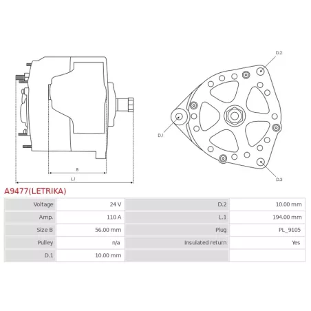 Alternateur 24V 110Amp AS-PL UD810519(LETRIKA)A, ISKRA / LETRIKA 11.204.285, AAN8191, IA1490, MAHLE 72735146, MG147