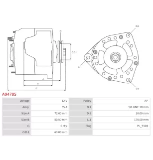 Alternateur 12V 65Amp AS-PL UD30176A, CARGO 111710, MANDO AC165617, VALEO 600088, ALANKO 10445108, DRI 543108652