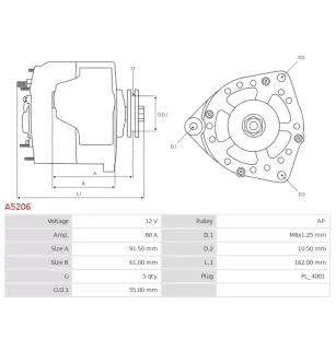 Alternateur 12V 80Amp AS-PL UD11249A, MITSUBISHI A5TG1191, DIXIE A-80253, ELECTROLOG ALT5392, STARDAX STX102136