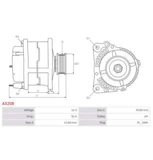 Alternateur 12V 55Amp AS-PL UD11219A, MITSUBISHI A005TA0191, A005TA0191A, A005TA0191AM, A5TA0191, A5TA0191A, A5TA0191AM