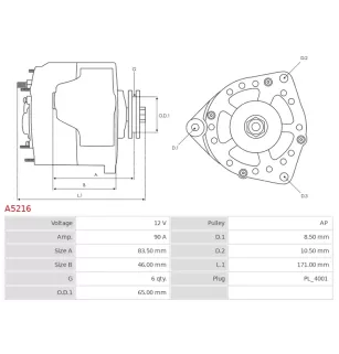 Alternateur 12V 90Amp AS-PL UD11041A, HONDA 31100-P0G-A02, 31100-P0G-A03, AHGA62, MITSUBISHI A3TJ0491, POWERMAX 9214086