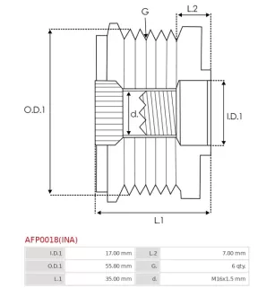 Poulie lente d’alternateur AS-PL UD13213AFP, BOSCH F00M991044, CARGO 230306, 230312, INA 5350022000, F-230846.05, F-230846.1