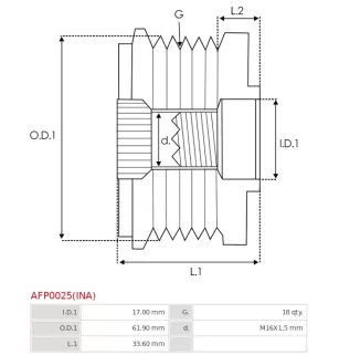 Poulie lente d’alternateur AS-PL UD13220AFP, BOSCH F00M391119, F00M991300, CARGO 236531, 333134, HELLA 9XU358038-721