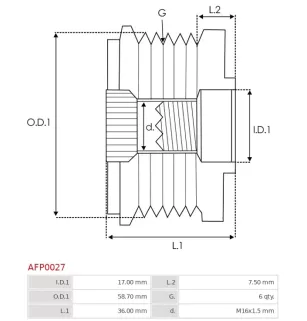 Poulie lente d’alternateur AS-PL UD13222AFP pour UD21345AFP, BOSCH F00M349877, F00M391107, F00M391118, F00M391120, F00M599403