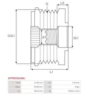 Poulie lente d’alternateur AS-PL UD13230AFP, BOSCH F00M349829, F00M391105, F00M391145, F00M991391, CARGO 235721, IKA 3.5334.0