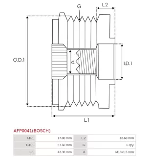 Poulie lente d’alternateur BOSCH 1986AE0460 pour F00M147613, F00M147854, F00M91281, F00M991281, F00M992725, F00MA47704