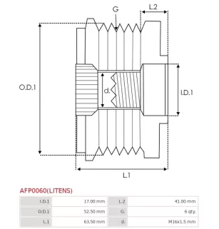 Poulie lente d’alternateur AS-PL UD810442(LITENS)AFP, BOSCH F00M991289, CARGO 330716, IKA 3.5365.1, LITENS 920850, OPEL 1277125