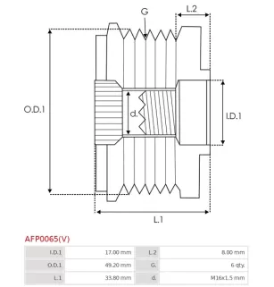 Poulie lente d’alternateur BOSCH F00M147878 pour F00M991248, IKA 3.5369.1, INA F-553448, ELECTROLOG PUL1315, PUL1316