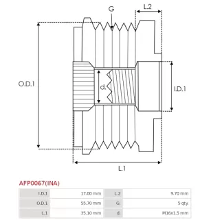 Poulie lente d’alternateur AS-PL UD13255AFP, BOSCH F00M349823, F00M391124, CARGO 331651, 335277, IKA 3.5385.0, 3.5385.1