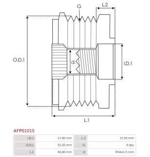 Poulie lente d’alternateur AS-PL UD15140AFP, BOSCH F00M591105, F00M591108, F00M591118, F00M591126, F00M599430, F00M599491