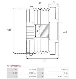 Poulie lente d’alternateur AS-PL UD13315AFP, CARGO 333084, HYUNDAI / KIA 37321-25201, K406643, IKA 3.5441.0, 3.5441.1