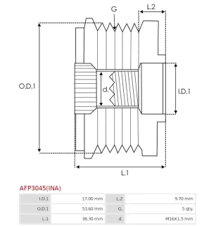 Poulie lente d’alternateur AS-PL UD809906AFP, BOSCH 1987945419, HELLA 9XU358039-151, IKA 3.5458.1, INA 5350242000, 535024210