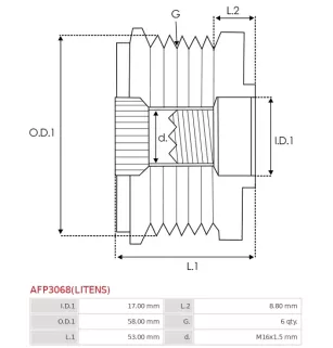 Poulie lente d’alternateur AS-PL UD21224(INA)AFP, HYUNDAI / KIA 37320-2B000, INA 535032610, LITENS 920057, ELECTROLOG PUL0146