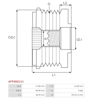 Poulie lente d’alternateur BOSCH 1987945402, CARGO 230313, 332297, FIAT 9948225, IKA 3.3540.0, 3.3540.1, INA 5350023000