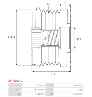 Poulie lente d’alternateur BOSCH 1987945403, CARGO 235719, 333135, FIAT 9948513, 9949129, 9951269, IKA 3.5362.0, 3.5362.1