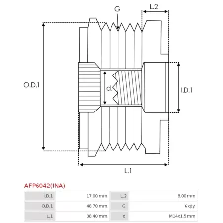 Poulie lente d’alternateur AS-PL UD11573AFP pour UD809918AFP, CARGO 333707, DENSO 021040-2400, IKA 3.5487.0, 3.5487.1