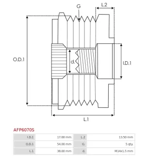 Poulie lente d’alternateur AS-PL UD101539AFP, CARGO 335580, DENSO 121041-2050, 121041-2370, FIAT 55257677, IKA 3.5523.1