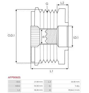 Poulie lente d’alternateur AS-PL UD101465AFP, BOSCH F00M691103, GM 12666662, KRAUF APB1415, ZNP 29010