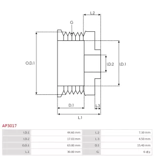 Poulie d’alternateur AS-PL UD41201AP, CARGO 232345, VALEO 593745, CQ CQ1040060, ELECTROLOG PUL0046, WOODAUTO EC44245