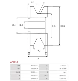 Poulie d’alternateur AS-PL UD50012AP, CARGO 234025, DENSO 021041-8380, CQ CQ1040310, ELECTROLOG PUL6055, WOODAUTO EC44127