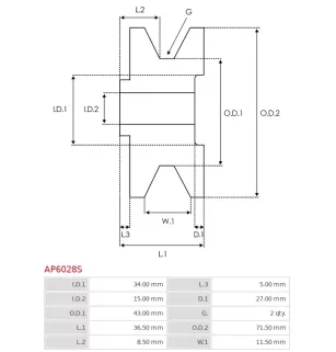 Poulie d’alternateur AS-PL UD21016AP, CARGO 230507, DENSO 021041-7580, TOYOTA 27411-67020, ELECTROLOG PUL6042, KRAUF APN0507