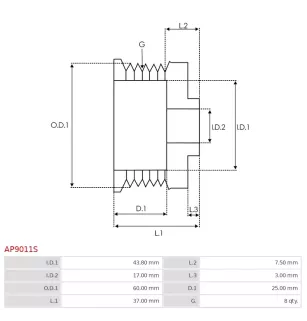 As-PL UD43851AP Alternator Polea, Iskra / Letrika 16.908.359