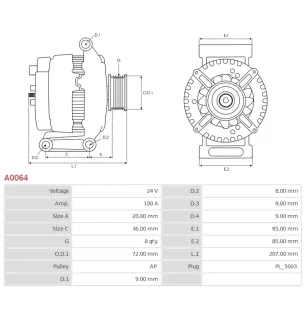 Alternator 24v 100amp AS-PL A0064, Bosch 0124655007, 0124655026