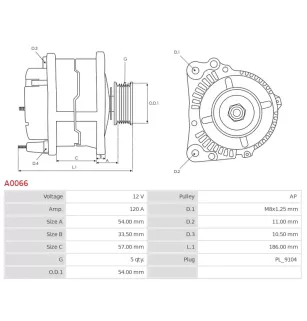 Alternator 12V 120AMP ​​AS-PL A0066, Bosch 0124425006, 0124425009