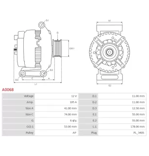 Alternator 12V 105amp AS-PL A0068, Bosch 0124415016, 0124415030