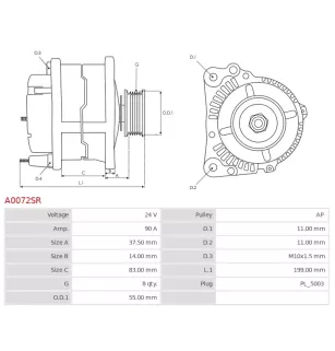 Alternatore 24V 90AMP Bosch 0124655005, 0124655005-R, 0124655017