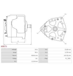 Alternateur 24V 90Amp AS-PL A0073, BOSCH 0123525501, 0123525507, 0986042590, 0986042593
