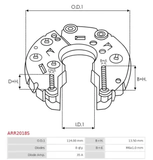 Redresseur d’alternateur AS-PL UD21569ARC, MOBILETRON RV-H050, ELECTROLOG RCT3036, HITACHI LR170757B, LR170757BR, LR170765