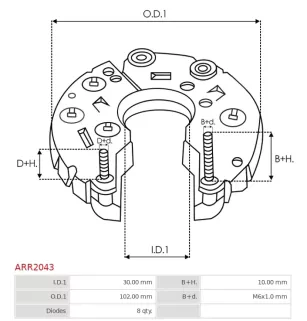 Redresseur d’alternateur AS-PL ARR2043 pour UD12162ARR, MOBILETRON RV-H004, ELECTROLOG RCT3111, ERA 215908, HITACHI LR165713