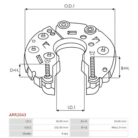 Redresseur d’alternateur AS-PL ARR2043 pour UD12162ARR, MOBILETRON RV-H004, ELECTROLOG RCT3111, ERA 215908, HITACHI LR165713