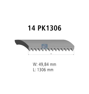 Courroie multi-nervures, 14 PK, L: 1306 mm, W: 49.8 mm, 14PK1306 Pour MAN Chassis, D-engines, G/M/F 90, Lion's, L/M/F/E 2000