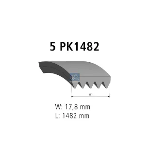 Courroie multi-nervures, 5 PK, L: 1482 mm, W: 17.8 mm, 5PK1482 Pour MAN D-engines, G/M/F 90, L/M/F/E 2000, N-Busse, TG-Serie